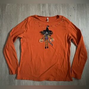 Halloween 3 dimension whimsical 🧙‍♀️ Witch Embellished Orange Long Sleeve Tee
